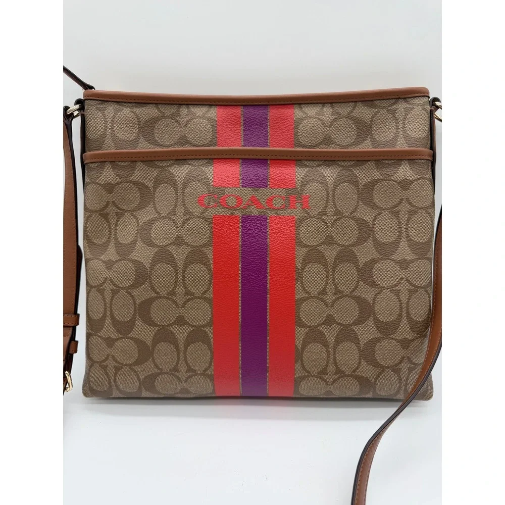 Coach Rowan File Bag Signature Canvas Varsity Stripe Brown Red Purple Crossbody